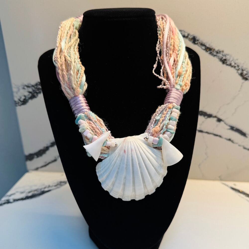 Boho Coastal Real Shell Pastel Fiber Statement Necklace